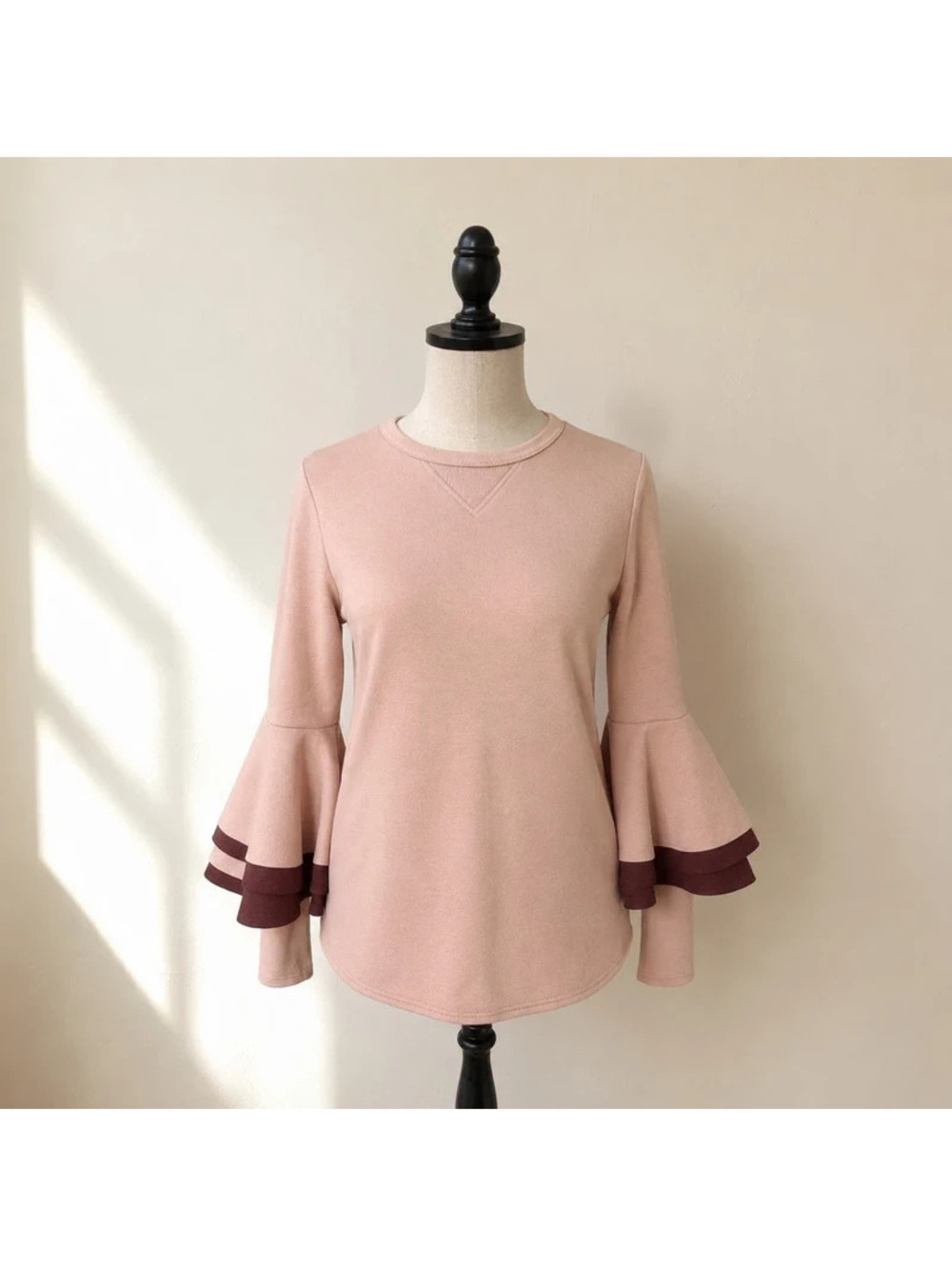 NWT Ted Baker London Pink Ruffle Bell Sleeve Top Size 0 XS Burgundy Trim